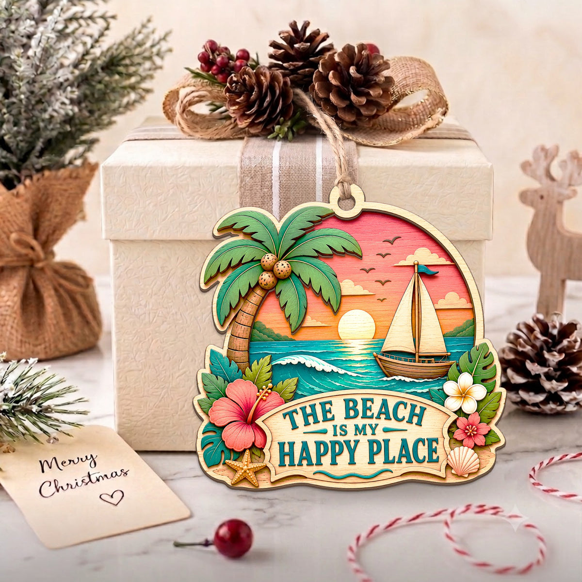 Beach Place Ocean Summer Relax Christmas Ornament, Sandy Shore Keepsake, Wood Tree Decoration