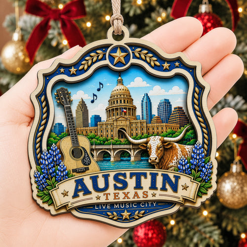 Austin Christmas Ornament, Texas Live Music Travel Souvenir Gift, Wood Hanging Tree Decoration