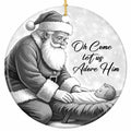 Greyscale Santa Kneeling With a Hand on the Infant in the Manger. Ceramic Keepsake for Christian Homes.