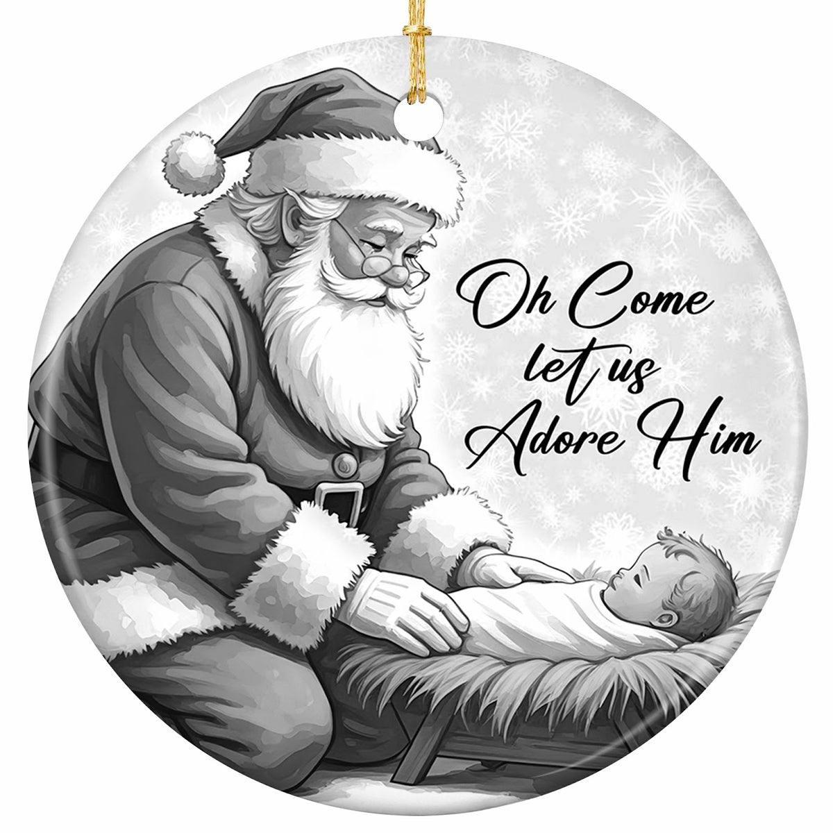 Greyscale Santa Kneeling With a Hand on the Infant in the Manger. Ceramic Keepsake for Christian Homes.