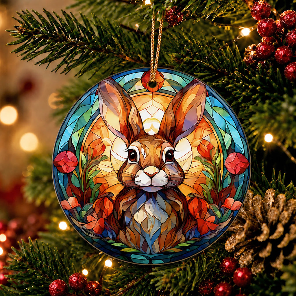 Bunny Christmas Ornament, Stained Glass Rabbit Gift, Ceramic Hanging Tree Decoration