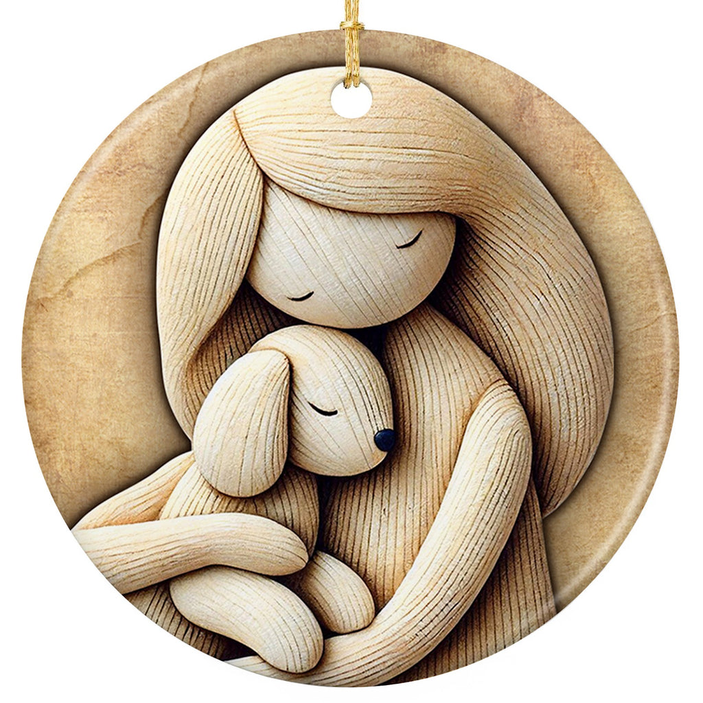 Carved-look Style Girl Cradling a Floppy Eared Bunny, Both With Eyes Closed. Ceramic Keepsake.