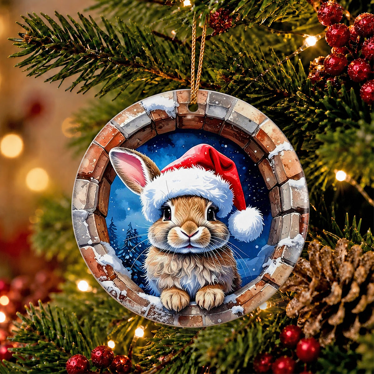 Bunny Christmas Ornament, Santa Hat Rabbit Snowy Arch Gift, Ceramic Hanging Tree Decoration
