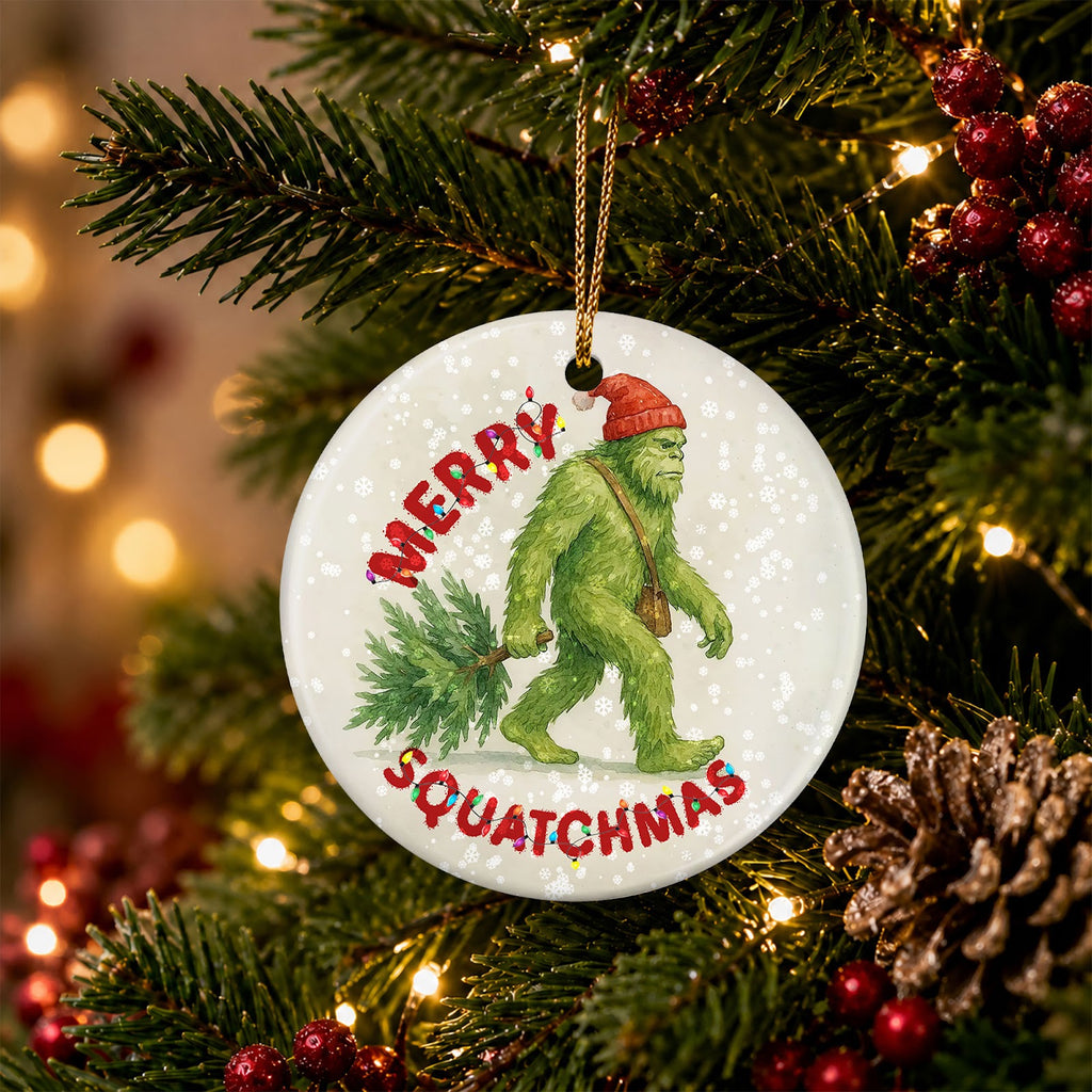 Bigfoot Christmas Ornament, Merry Squatchmas Sasquatch Gift, Ceramic Hanging Tree Decoration