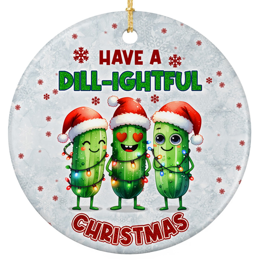 Three Pickle Characters in Santa Hats Wrapped in a String of Colored Lights. Ceramic Keepsake.