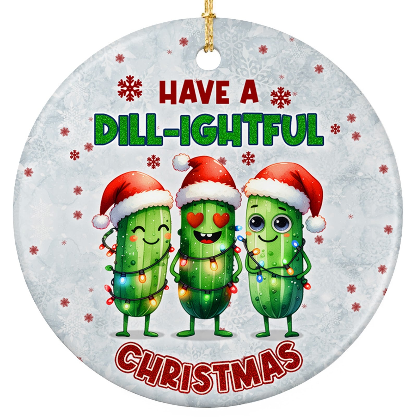 Three Pickle Characters in Santa Hats Wrapped in a String of Colored Lights. Ceramic Keepsake.