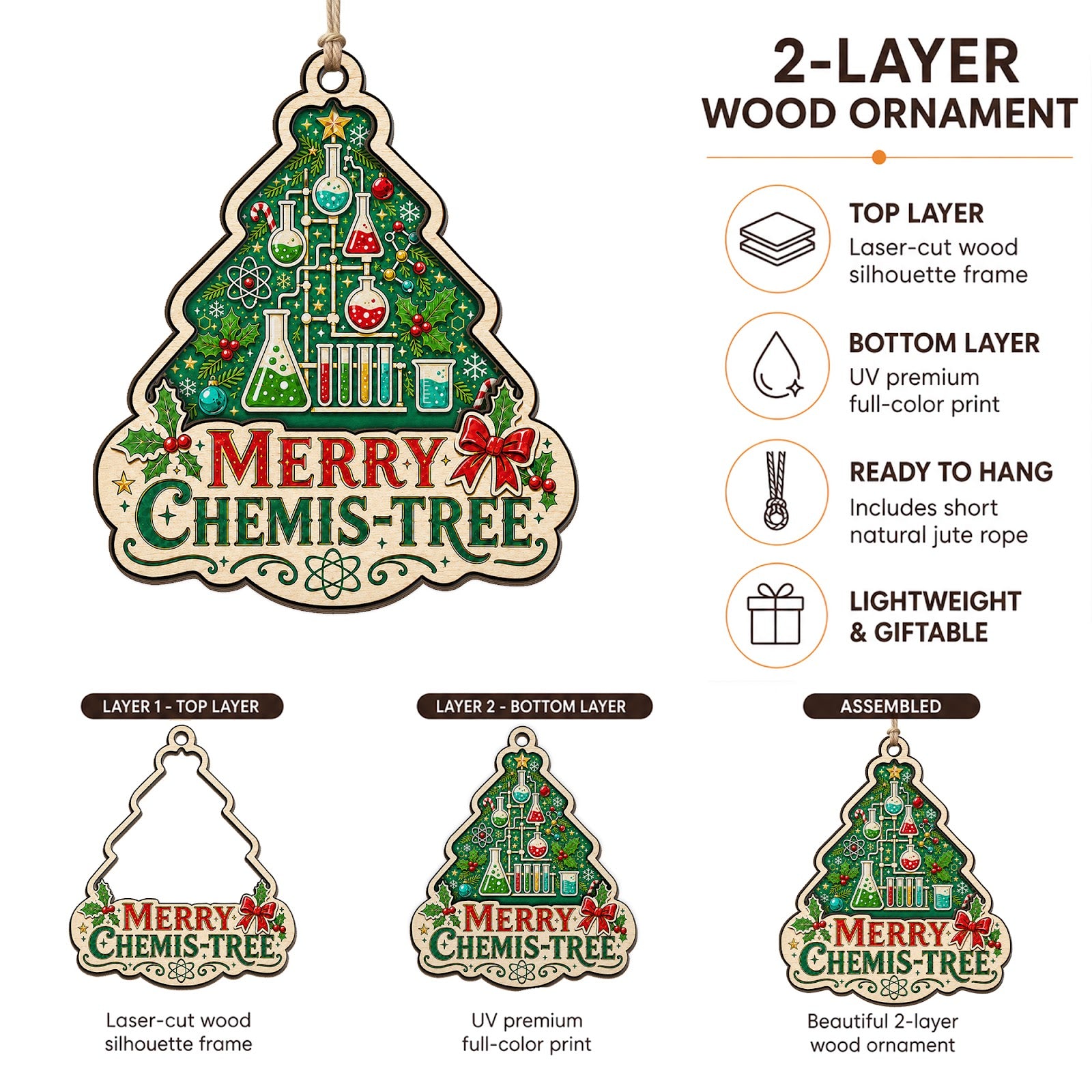 Chemistry Teacher Wood Christmas Ornament
