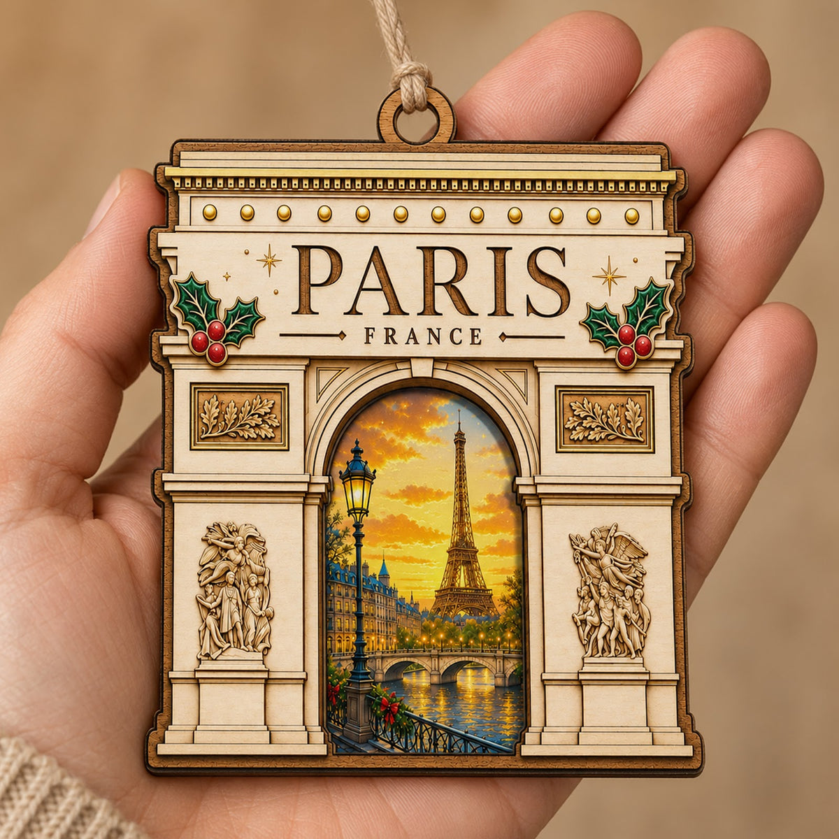 Arc de Triomphe Christmas Ornament, Paris France Travel Souvenir Gift, Wood Tree Decoration