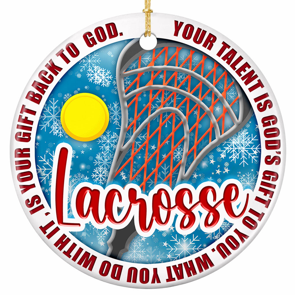 Your Talent Is God's Gift to You. Orange-Meshed Stick Head on Icy Blue, Ceramic Keepsake for Players.