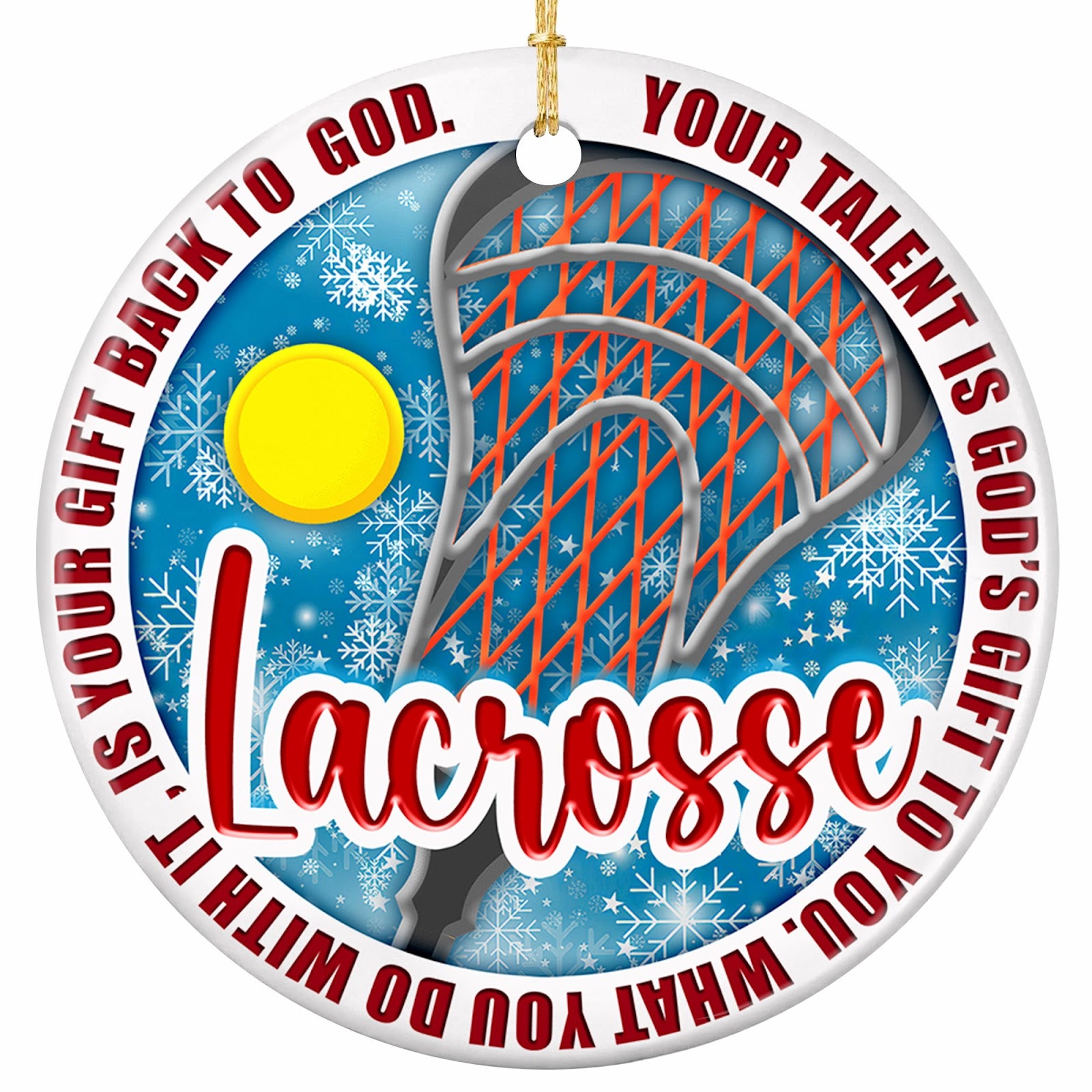 Your Talent Is God's Gift to You. Orange-Meshed Stick Head on Icy Blue, Ceramic Keepsake for Players.