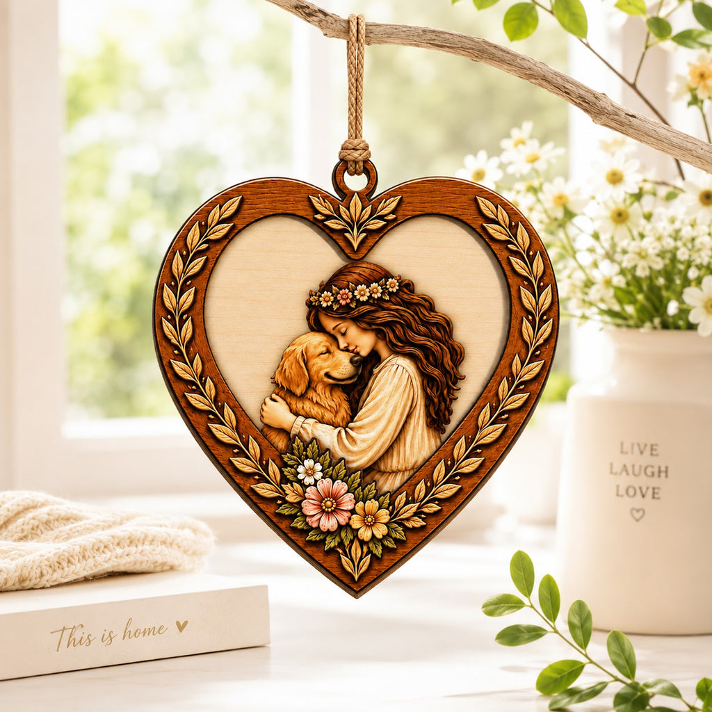 Girl Love Dog Christmas Ornament, Gift For Dog Girl, Wood Hanging Tree Decoration