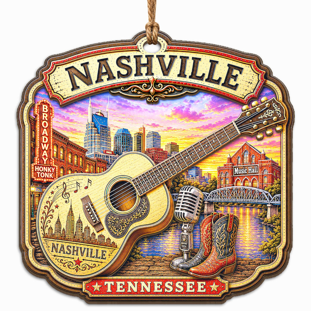 Guitar and Music Notes Beside the Skyline With Neon Lights and Boots. Wood Keepsake for Country Fans.