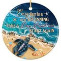 Sea Turtle Resting on Sand Among Starfish and Shells Beneath Teal Waves. Ceramic Keepsake.