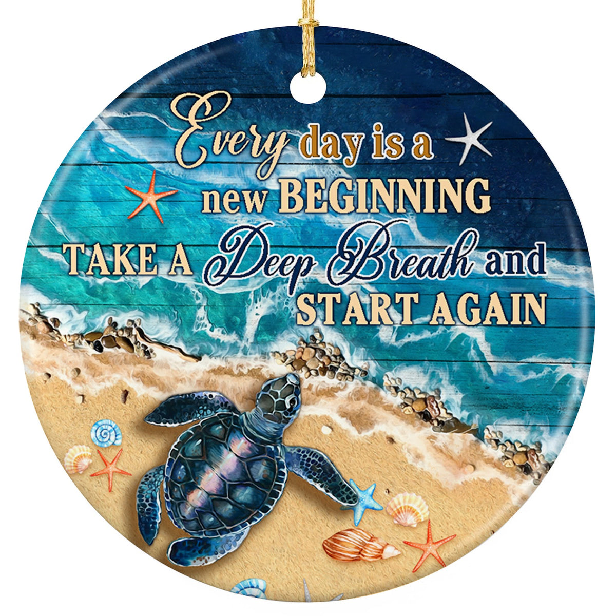 Sea Turtle Resting on Sand Among Starfish and Shells Beneath Teal Waves. Ceramic Keepsake.