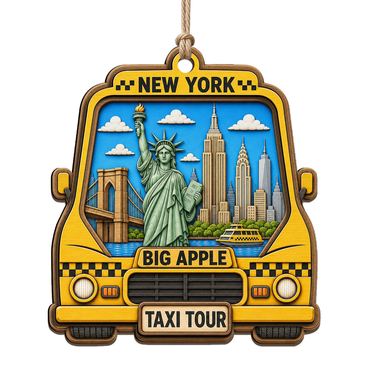 A Classic Yellow Cab on Manhattan Streets With the Skyline Behind. Wood Keepsake for Urban Explorers.