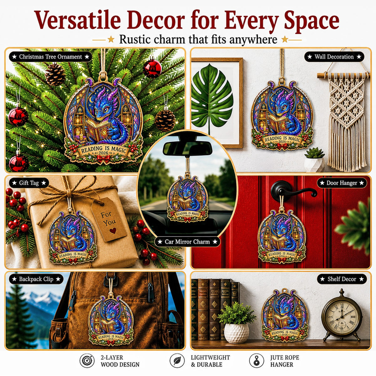 Dragon Book Fantasy Magic Christmas Ornament, Stocking Stuffer For Dragon Fan, Wood Ornament