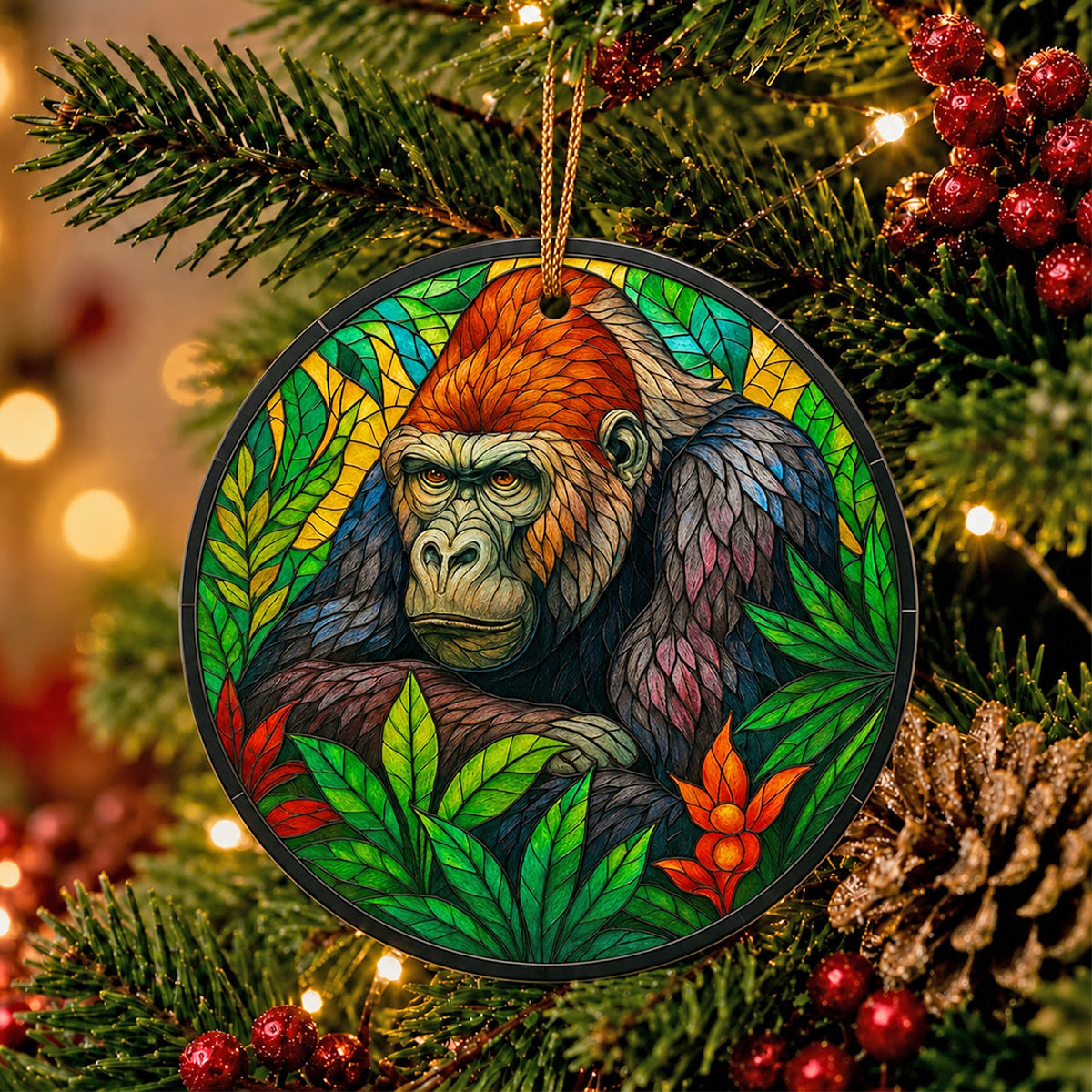 Gorilla Christmas Ornament, Stained Glass Jungle Zoo Gift, Ceramic Hanging Tree Decoration