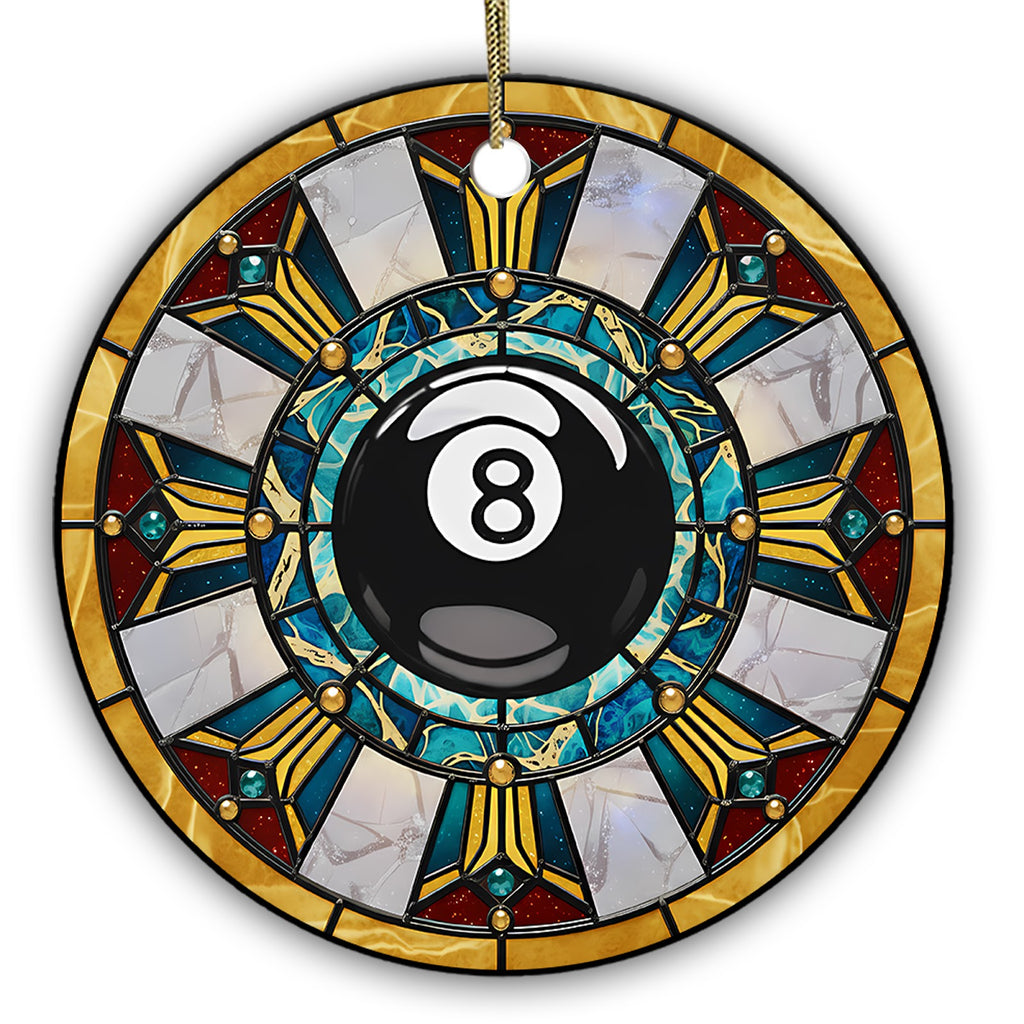 Glossy Eight Ball at the Heart of an Art Deco Glass Rosette. Ceramic Keepsake for Pool Players and Man Caves.