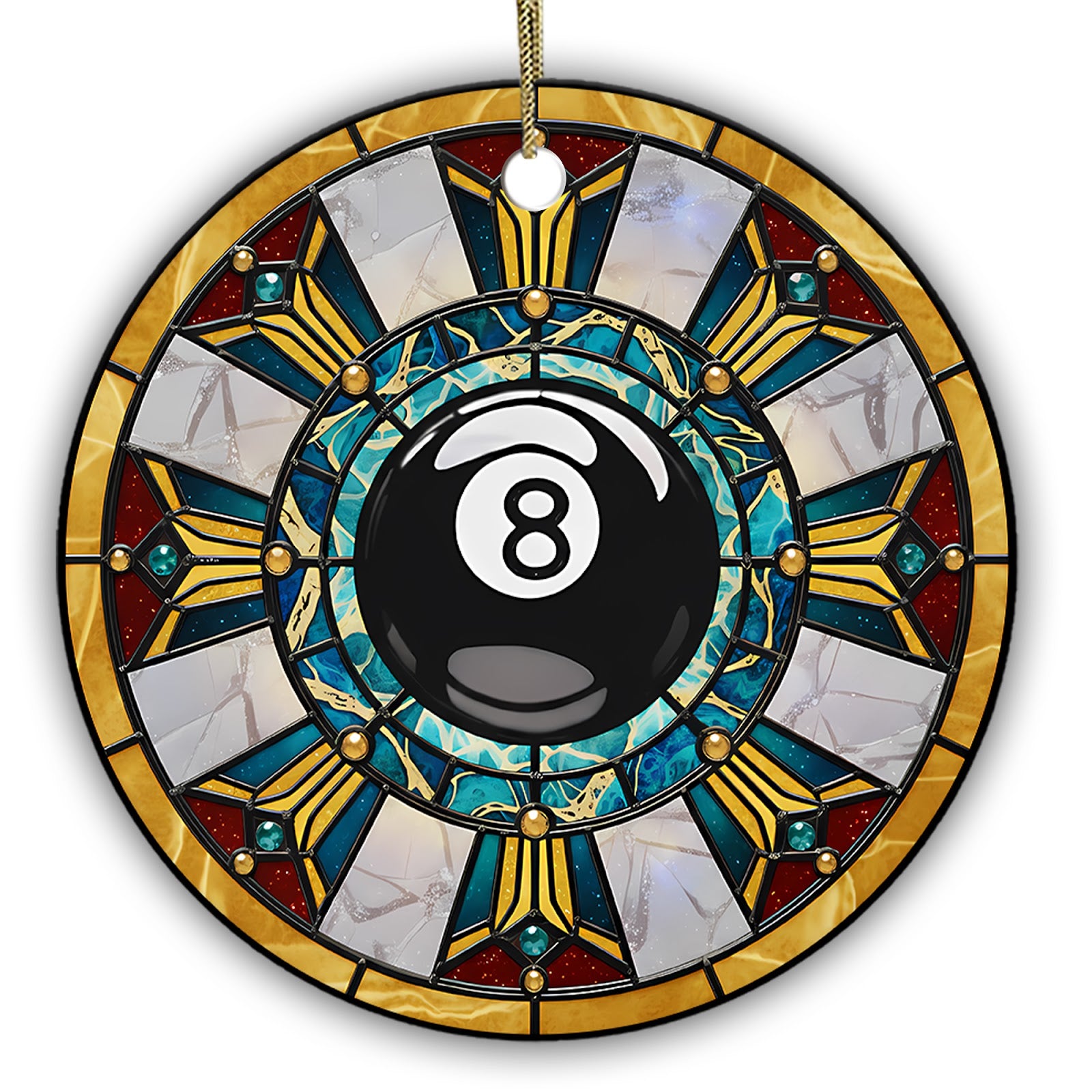Glossy Eight Ball at the Heart of an Art Deco Glass Rosette. Ceramic Keepsake for Pool Players and Man Caves.