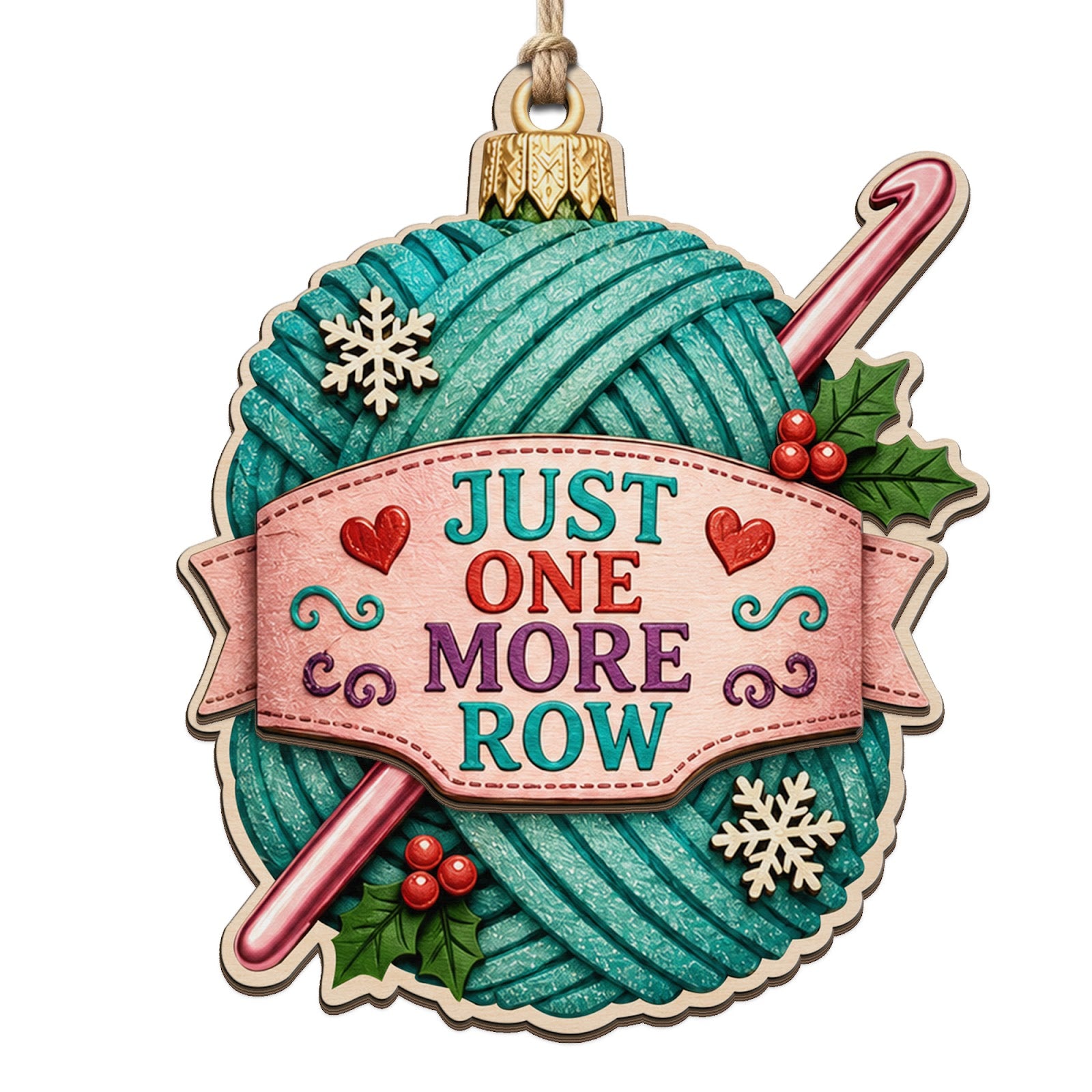 Shows a Yarn Ball, Crochet Hook, and Just One More Row Banner. Cozy Gift for Crocheters and Yarn Craft Lovers.