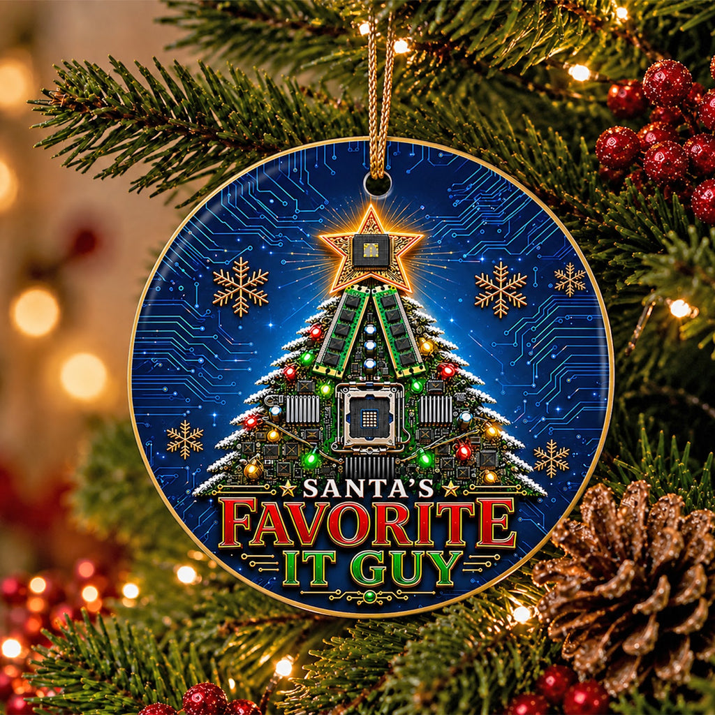 Santas Favorite IT Guy Christmas Ornament, Funny Tech Gift, Ceramic Hanging Tree Decoration