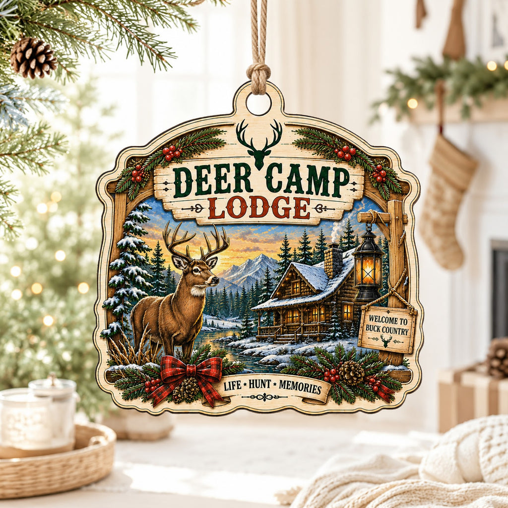 Deer Camp Hunting Hunter Buck Christmas Ornament, Buck Season Keepsake, Wood Tree Decoration