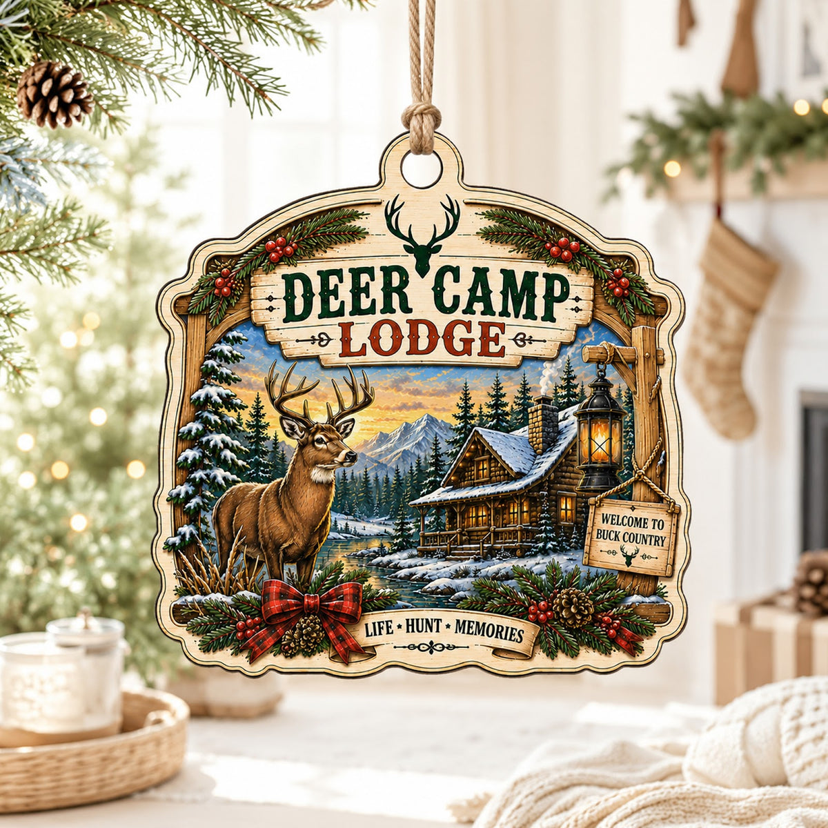 Deer Camp Hunting Hunter Buck Christmas Ornament, Buck Season Keepsake, Wood Tree Decoration