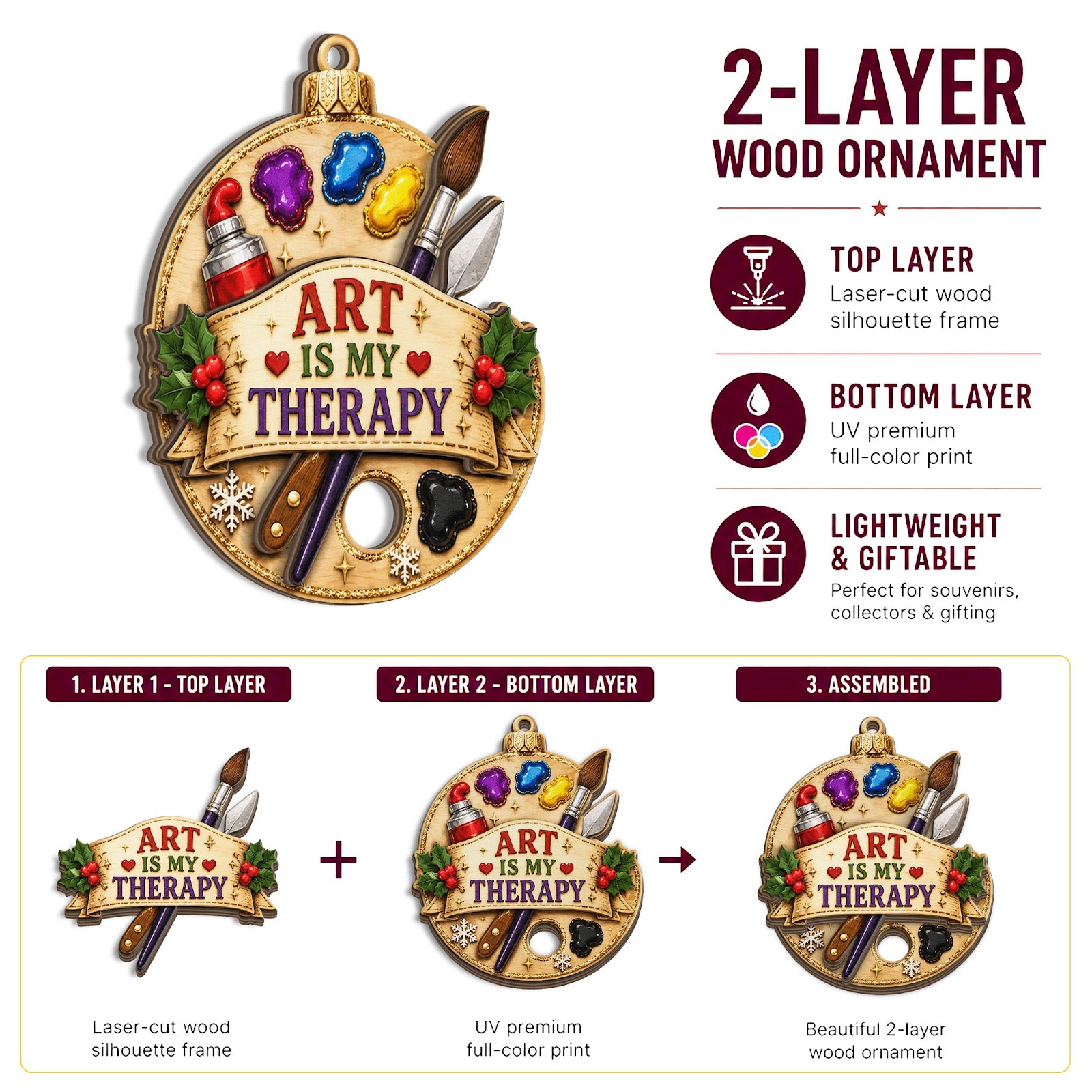 Art Is My Therapy Wood Christmas Ornament