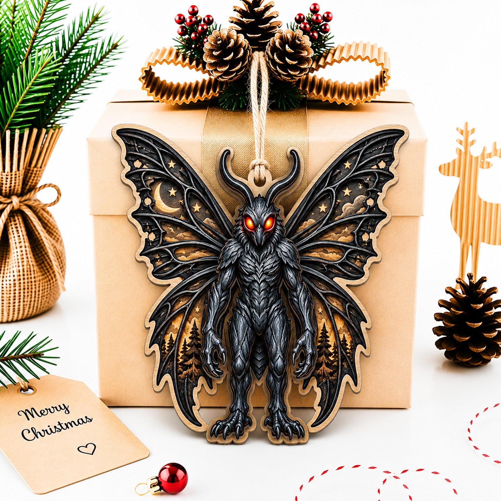 Mothman Christmas Ornament, Stocking Stuffer For Folklore Fan, Wood Hanging Tree Decoration