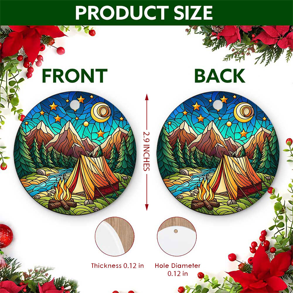 Camping Christmas Ornament, Stained Glass Tent Fire Gift, Ceramic Hanging Tree Decoration
