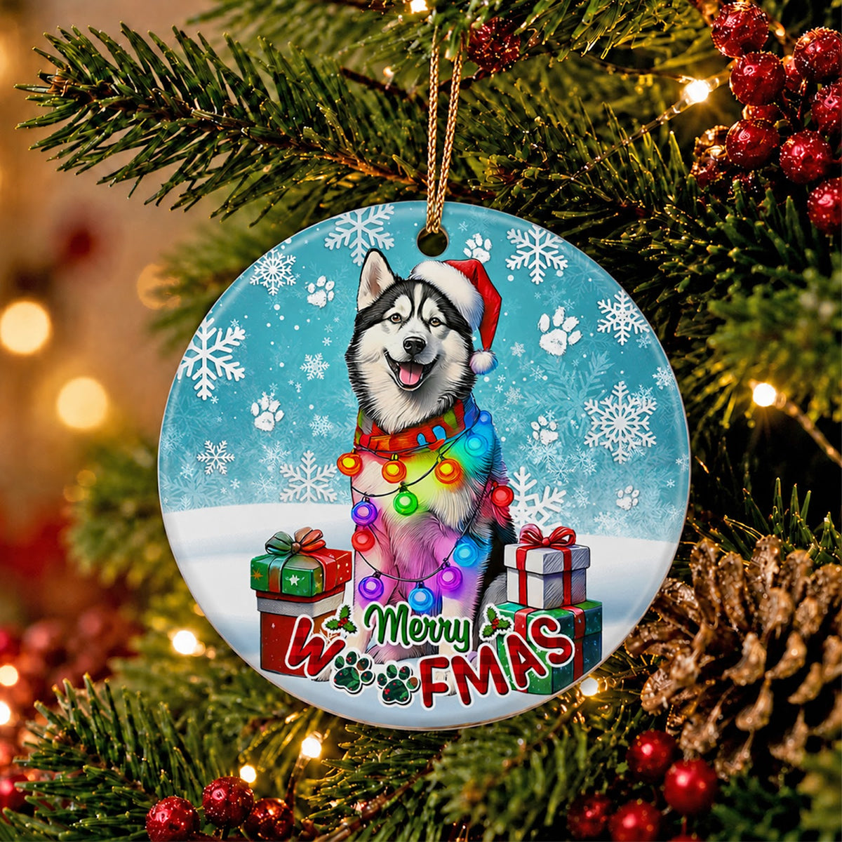 Husky Christmas Ornament, Merry Woofmas Dog Lover Gift, Ceramic Hanging Tree Decoration