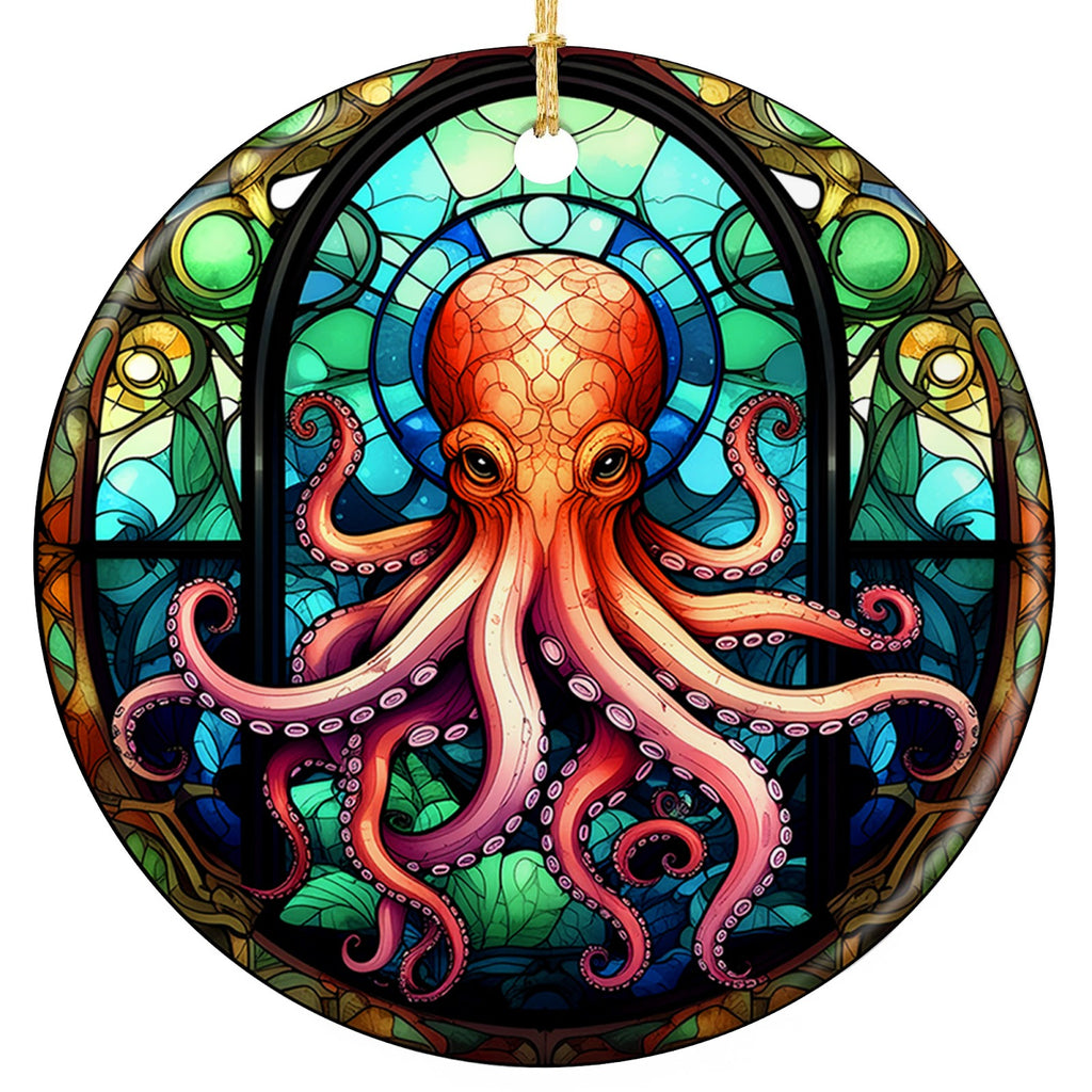 Red Orange Octopus Curling Across a Teal Glass Window Arch. Ceramic Keepsake for Ocean and Marine Life Lovers.