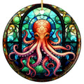 Red Orange Octopus Curling Across a Teal Glass Window Arch. Ceramic Keepsake for Ocean and Marine Life Lovers.