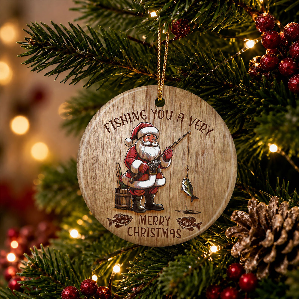 Fishing Christmas Ornament, Santa Angler carved-look Gift, Ceramic Hanging Tree Decoration