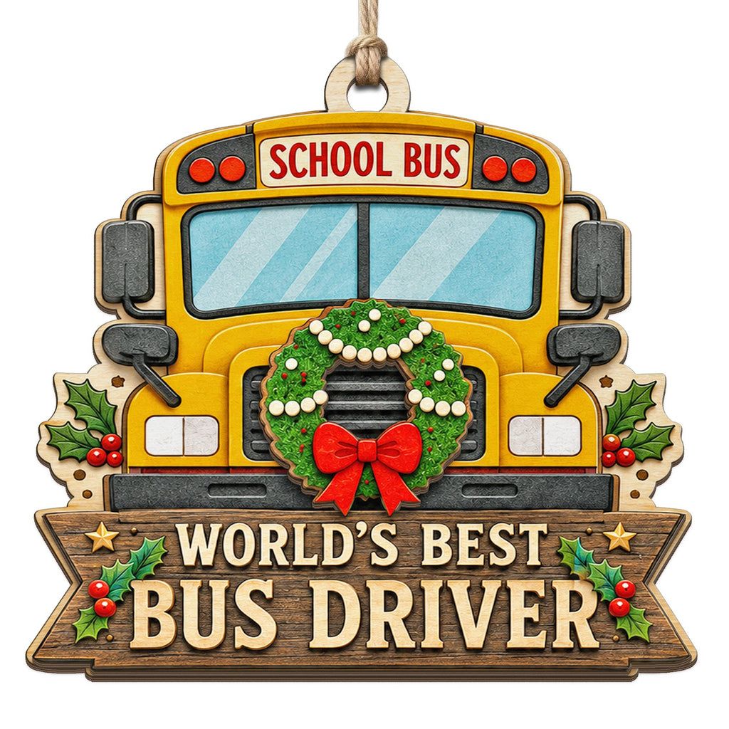 Shows a School Bus Front with a Wreath and Worlds Best Bus Driver Banner. Gift to Thank a School Bus Driver.