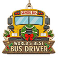 Shows a School Bus Front with a Wreath and Worlds Best Bus Driver Banner. Gift to Thank a School Bus Driver.