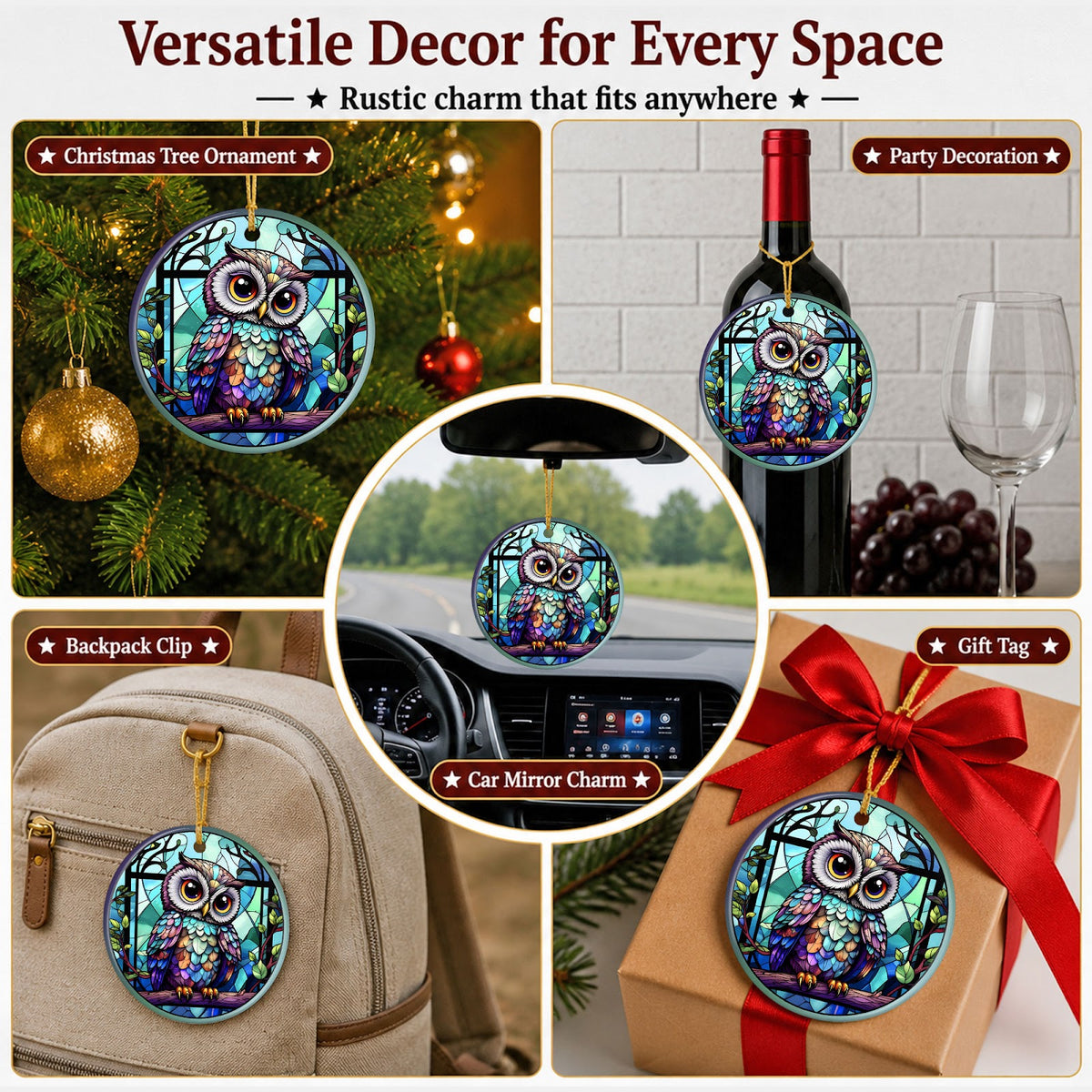 Owl Christmas Ornament, Stained Glass Lattice Bird Gift, Ceramic Hanging Tree Decoration