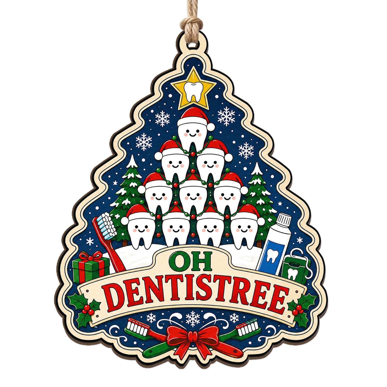 Smiling Teeth In Santa Hats Stack Into A Tree Under An Oh Dentistree Banner. Fun Gift For Dental Teams.