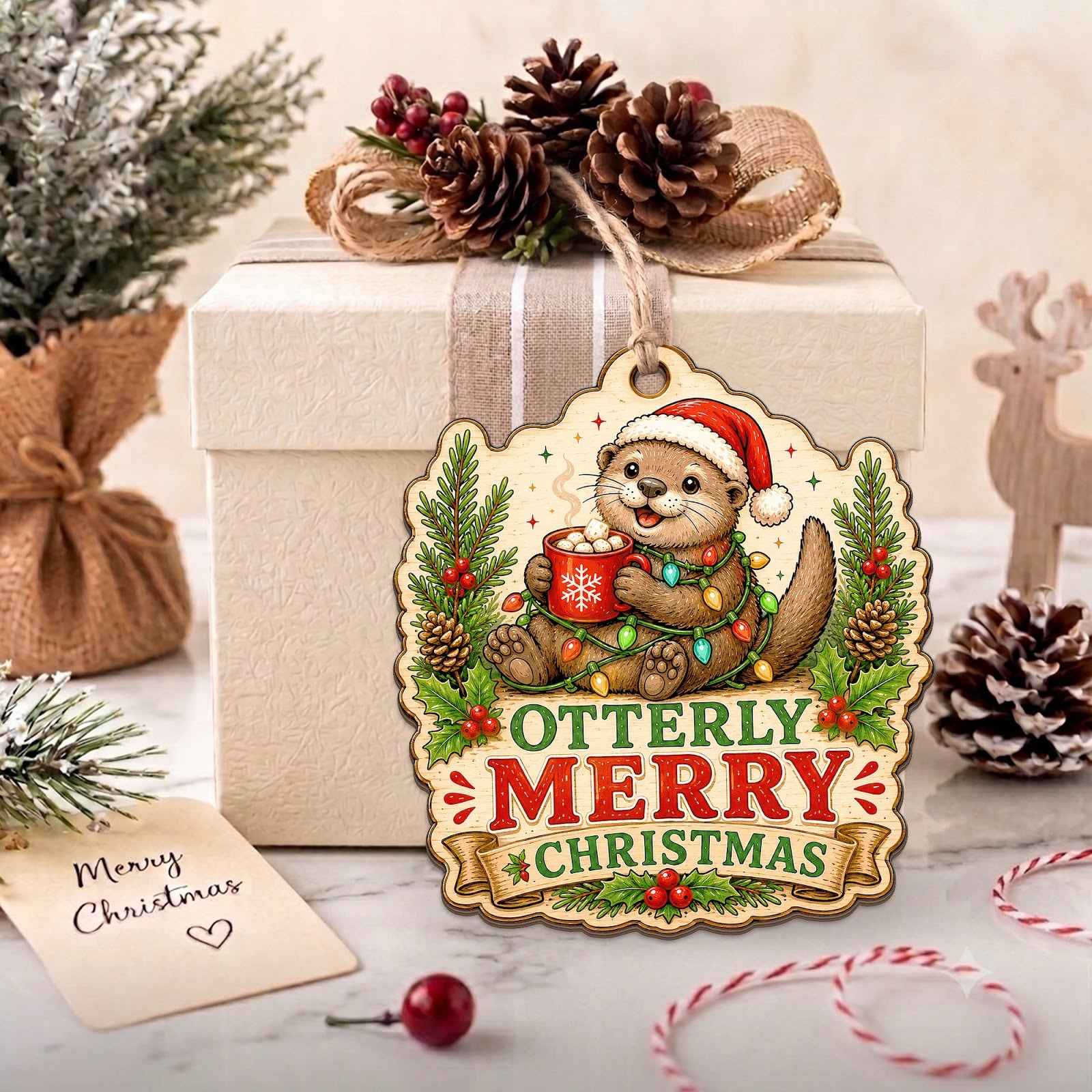 Otter Christmas Ornament, Stocking Stuffer For Otter Lover, Wood Hanging Tree Decoration