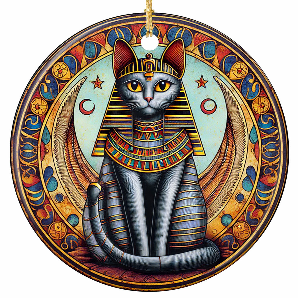 A Grey Cat in a Striped Headdress and Jewelled Collar With Wings Arcing Behind. Ceramic Keepsake.