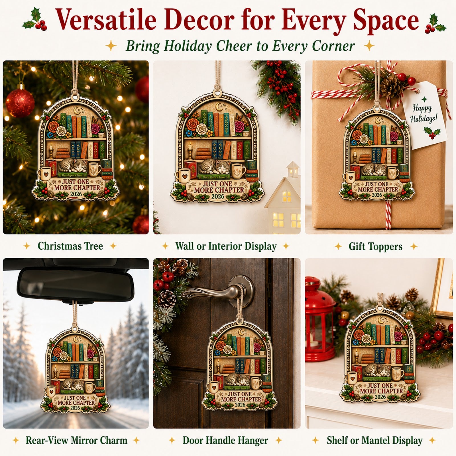 Book One More Chapter Reader Christmas Ornament, Stocking Stuffer For Reader, Wood Ornament