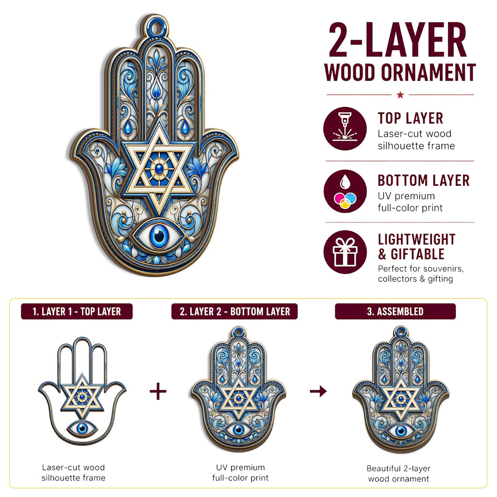 Judaica Protection Hamsa Jewish Christmas Ornament, Hamsa Protection Keepsake, Wood Ornament