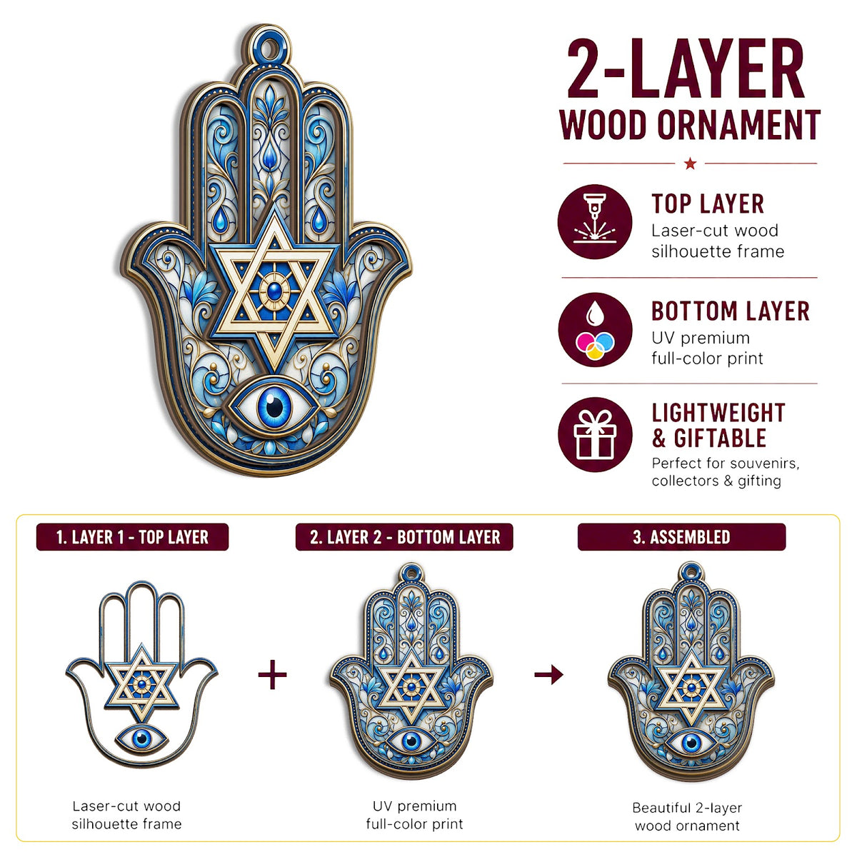 Judaica Protection Hamsa Jewish Christmas Ornament, Hamsa Protection Keepsake, Wood Ornament