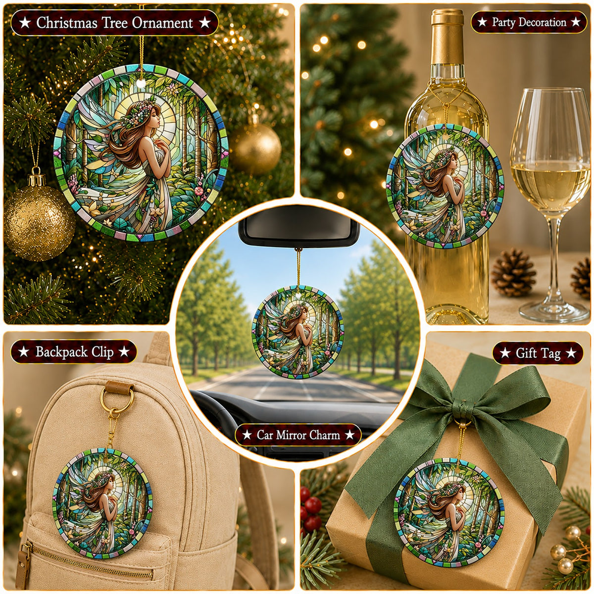 Fairy Christmas Ornament, Stained Glass Fantasy Gift, Ceramic Hanging Tree Decoration