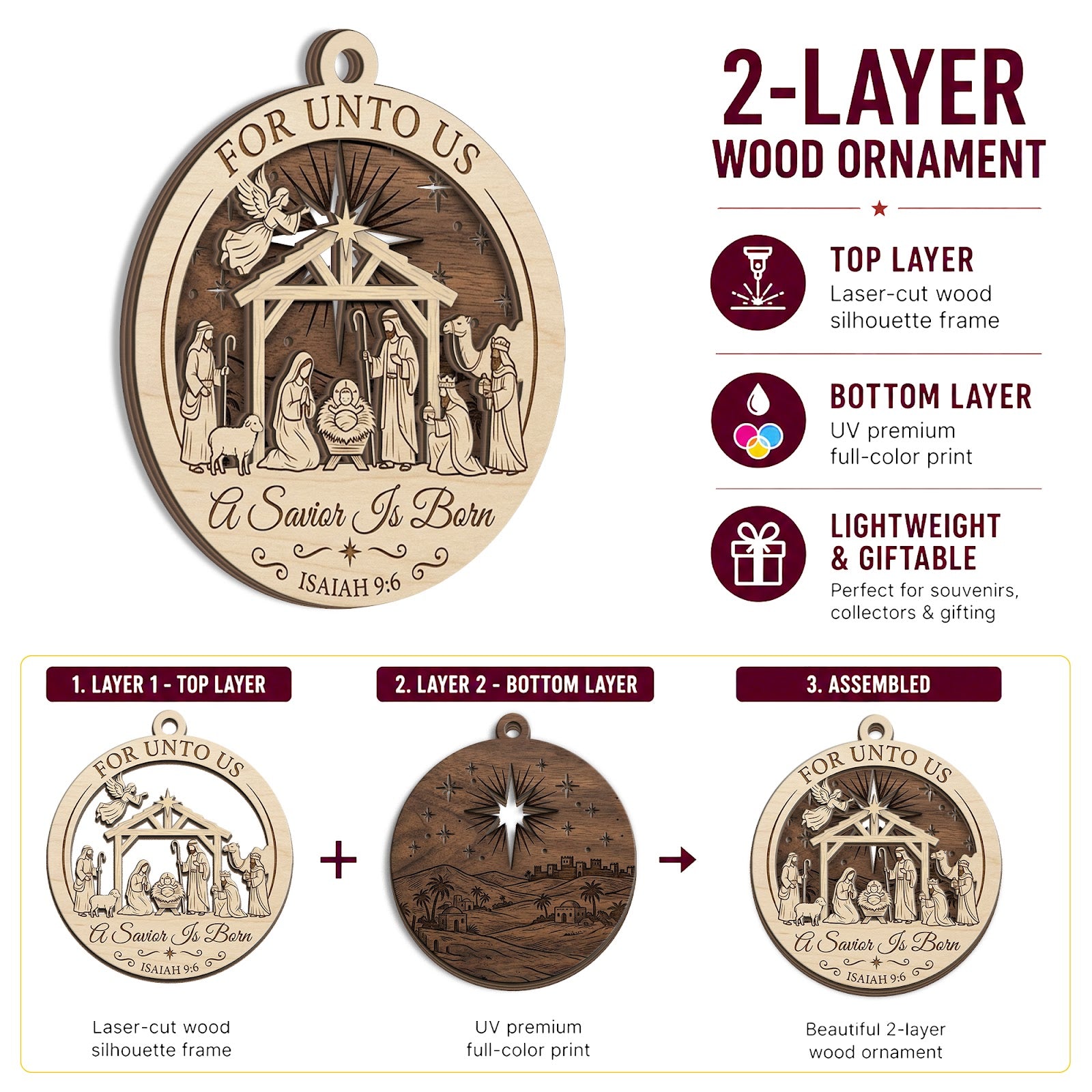 Savior Christmas Ornament, Religious Christian Gift, Wood Hanging Tree Decoration