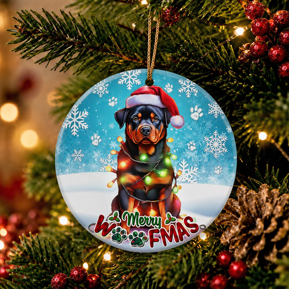 Rottweiler Christmas Ornament, Merry Woofmas Dog Lover Gift Idea, Ceramic Tree Decoration