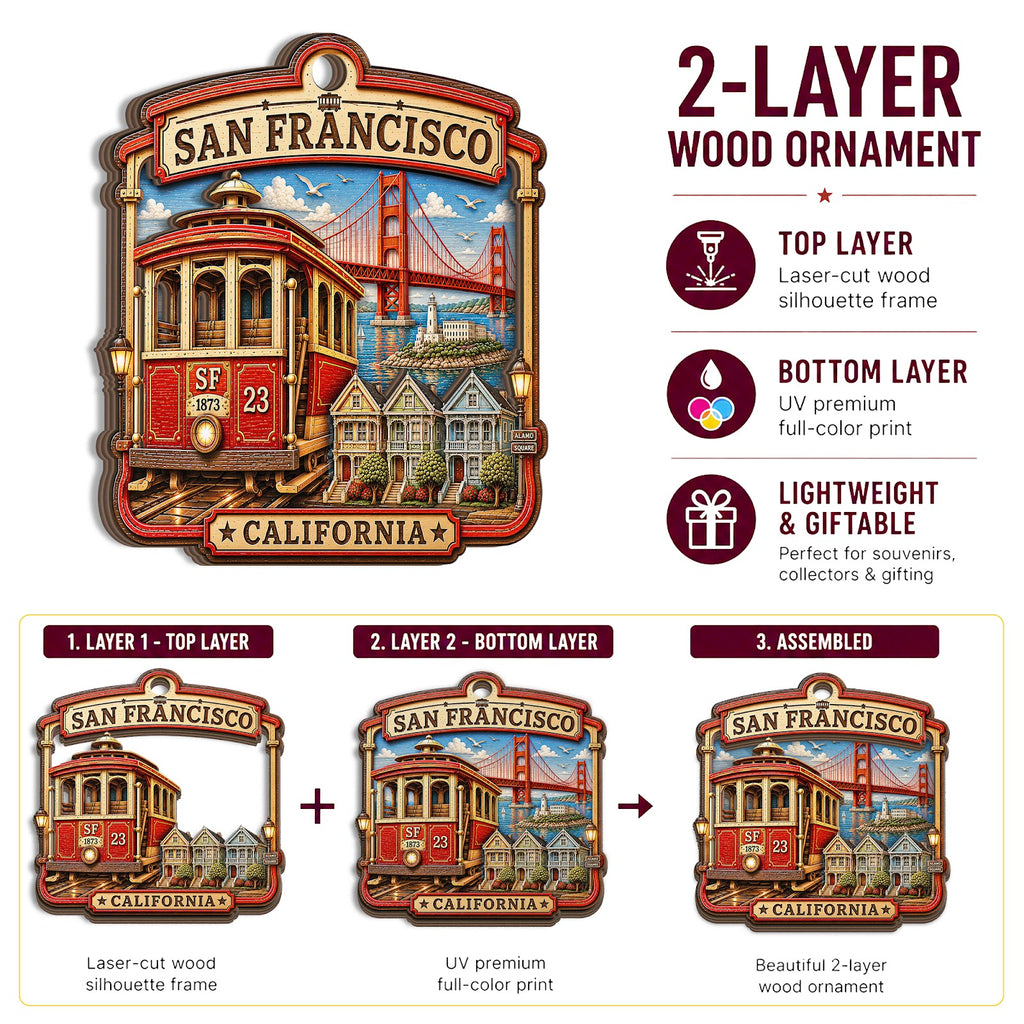 San Francisco Christmas Ornament, Golden Gate Bridge Souvenir Gift, Wood Tree Decoration