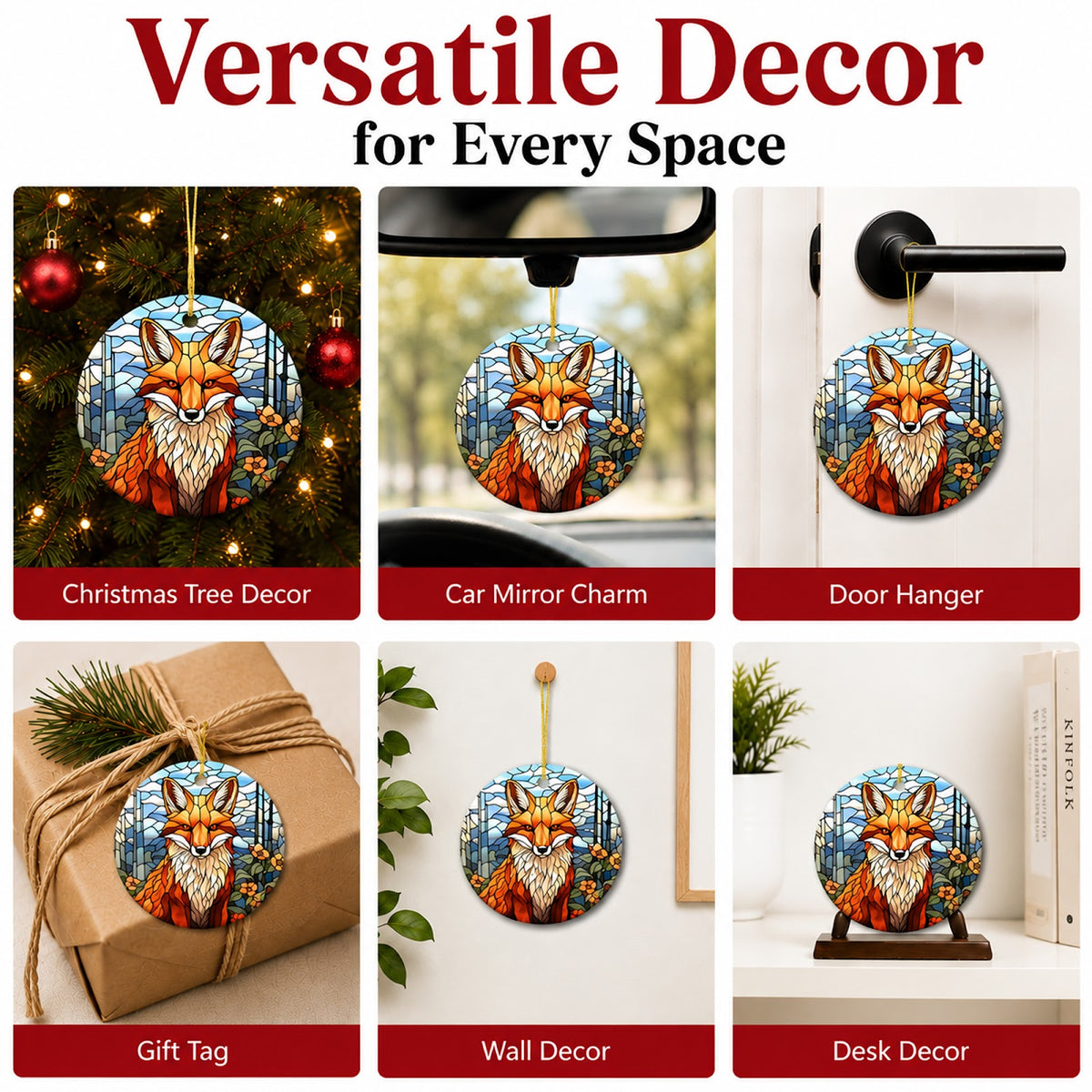 Fox Christmas Ornament, Stained Glass Woodland Animal Gift, Ceramic Hanging Tree Decoration
