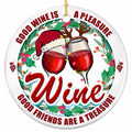 Two Glasses Clinking, One in a Santa Hat and One in Antlers, Inside a Holly Wreath. Ceramic Wine Lover Keepsake.