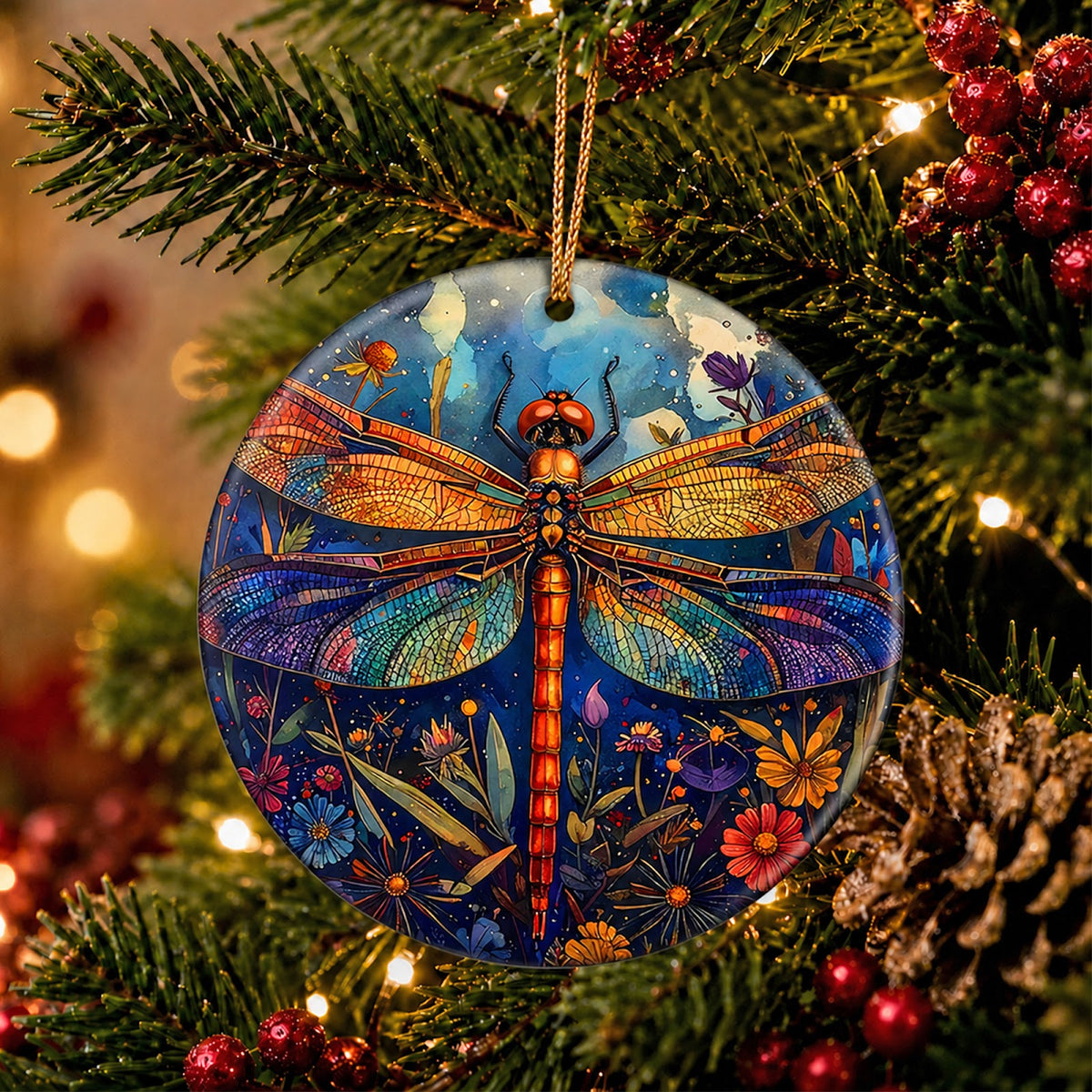 Dragonfly Christmas Ornament, Wildflower Starry Nature Gift, Ceramic Hanging Tree Decoration